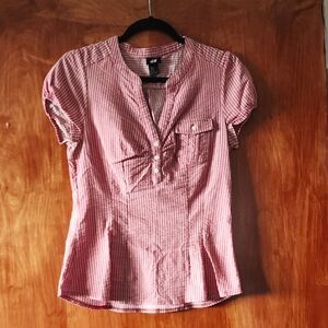 H&M Red & White Striped Puff Sleeve Blouse with Mandarin Collar